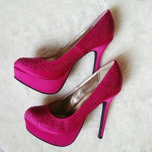 SM New York pink satin rhinestone platform pumps